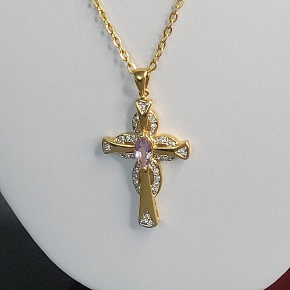 Gold Tone Metal Purple Marquis and Pave Crystals Cross Pendant Necklace 18 in - Picture 3 of 8